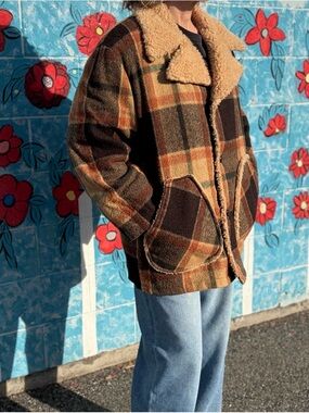 Vintage Brown Plaid Sherpa-Lined Jacket